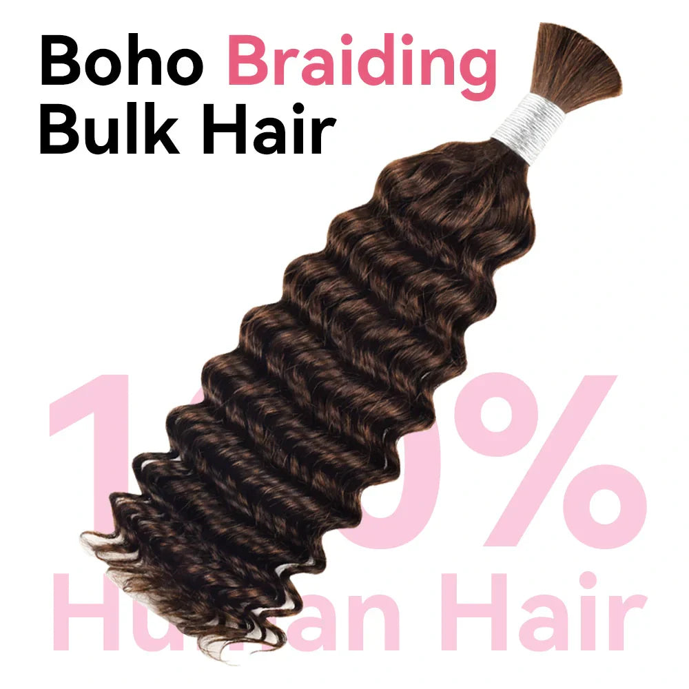 #3 Red Brown Deep Wave Boho Braids No Weft Bulk Hair for Human Hair CVOHAIR