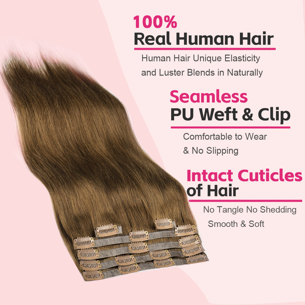 #7 Straight Free Shipping Clip in Hair Extensions Real Human Hair PU Seamless Clip ins 6Pcs 110G CVOHAIR