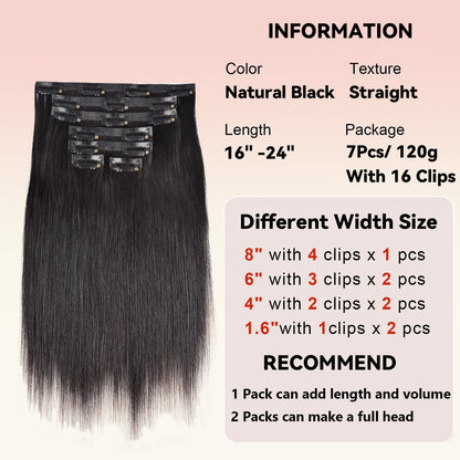 #1B 7Pcs Straight Free Shipping Small PU Seamless Clip ins Hair Extensions Real Human Hair 120G CVOHAIR