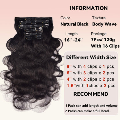 #1B 7Pcs Body Wave Free Shipping Small PU Seamless Clip ins Hair Extensions Real Human Hair 120G CVOHAIR