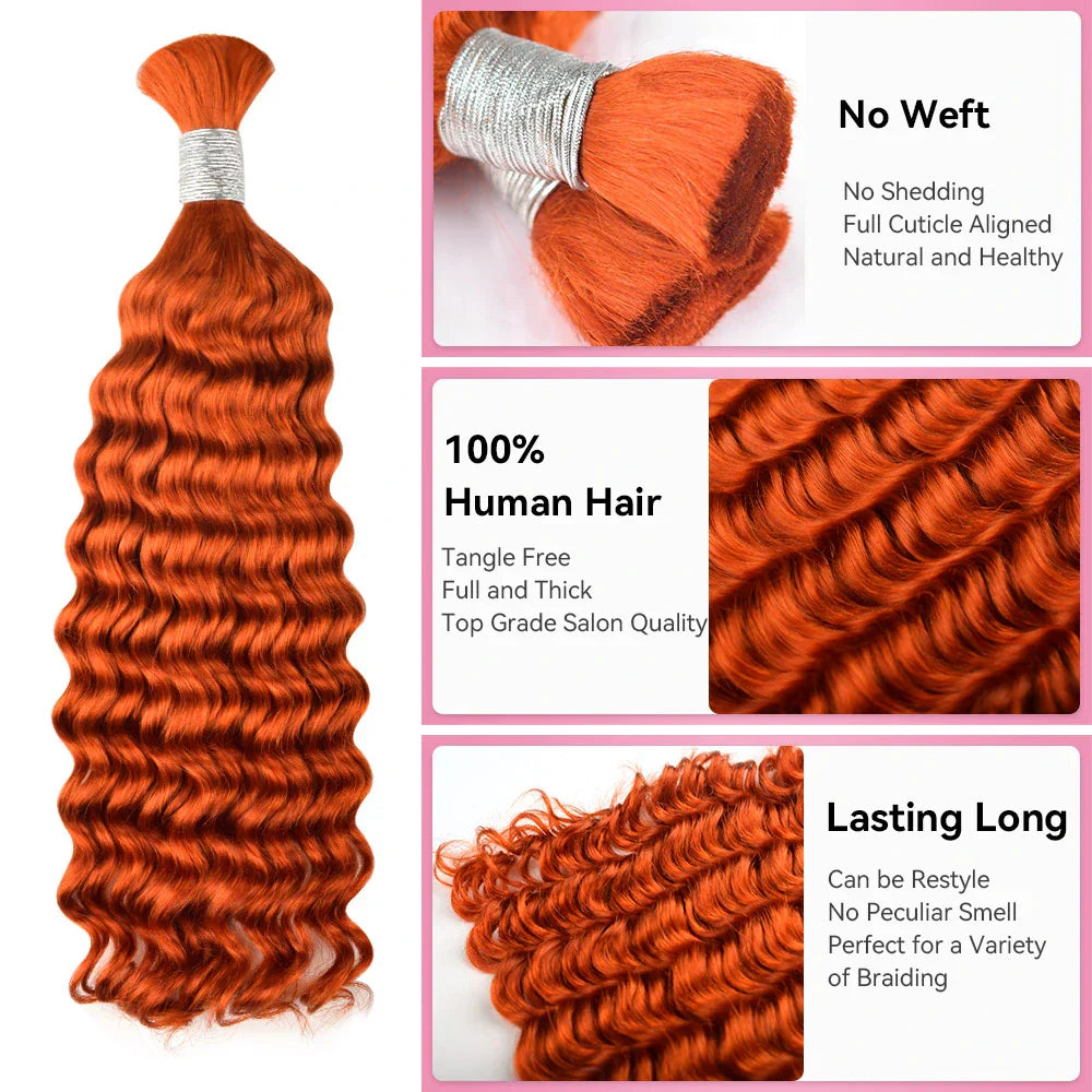#350 Orange Deep Wave Bulk Human Hair For Braiding CVOHAIR