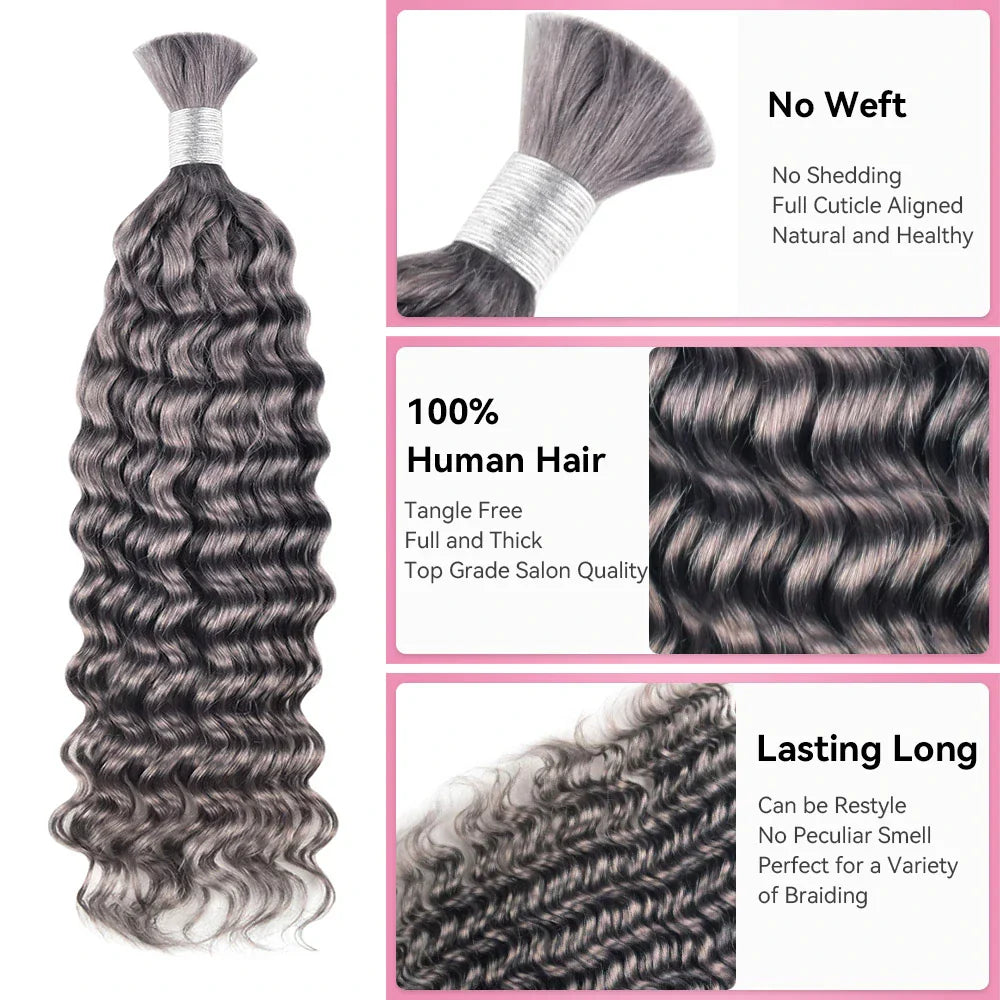 #Grey Deep Wave Bulk Human Hair For Braiding CVOHAIR