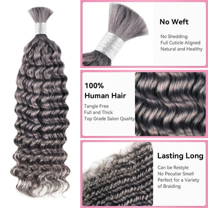 #Grey Deep Wave Bulk Human Hair For Braiding CVOHAIR