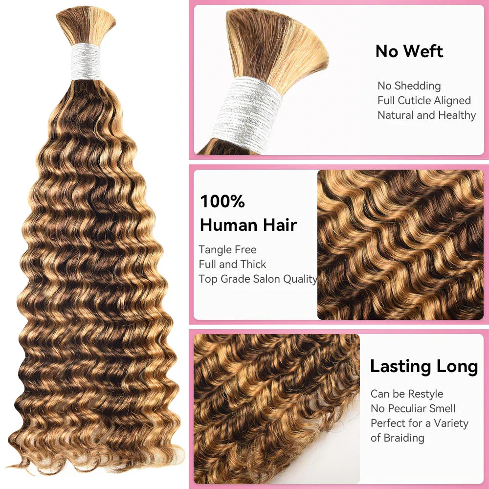 #4/27 Ombre Highlight Deep Wave Bulk Human Hair For Braiding CVOHAIR