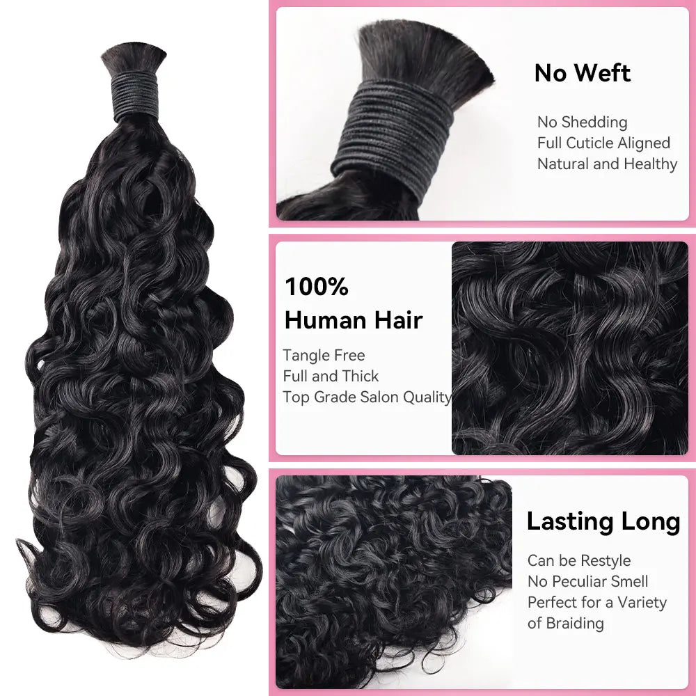 Natural Black Water Wave Bulk Human Hair For Boho Braids CVOHAIR
