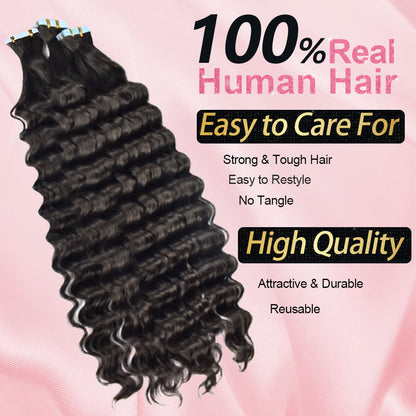 #1B Deep Wave Tape in Hair Extensions Free Shipping Human Hair 20pcs 50g/pack Seamless Skin Weft Hair CVOHAIR