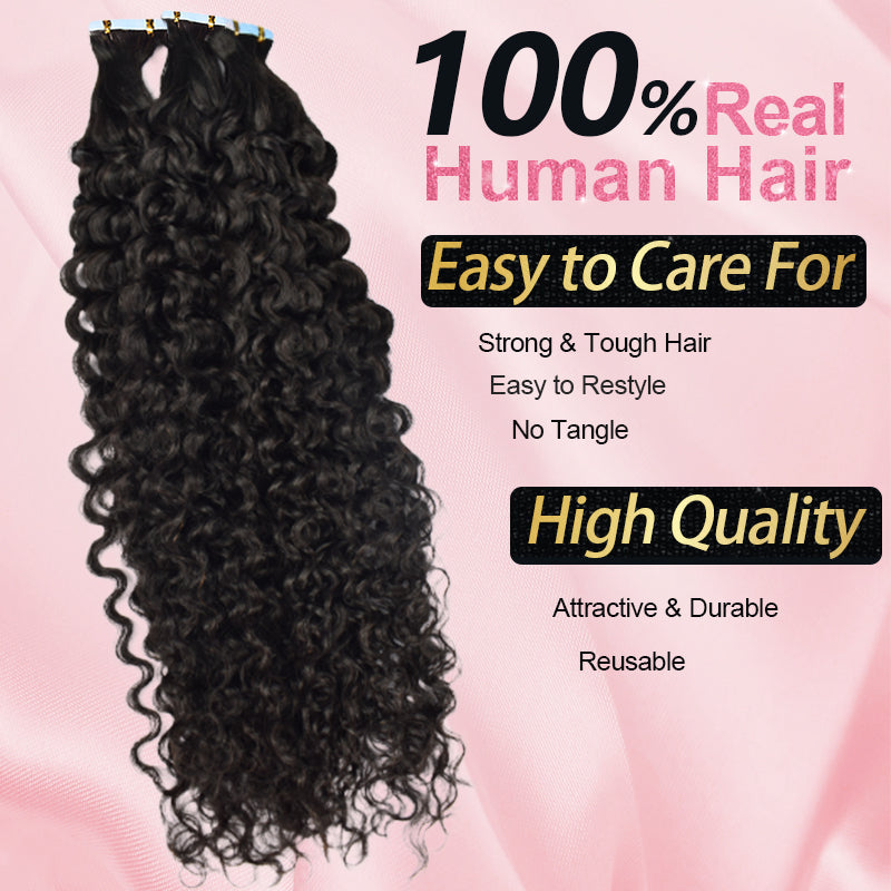 #1B Deep Curly Tape in Free Shipping Hair Extensions Human Hair 20pcs 50g/pack Seamless Skin Weft Hair CVOHAIR