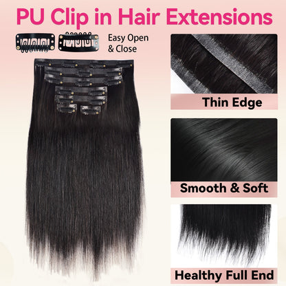 #1B 7Pcs Straight Free Shipping Small PU Seamless Clip ins Hair Extensions Real Human Hair 120G CVOHAIR
