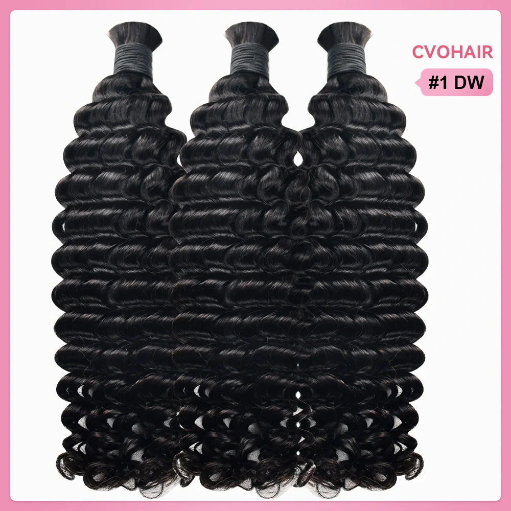 #1 Jet Black Deep Wave Bulk Human Hair For Boho Braids CVOHAIR