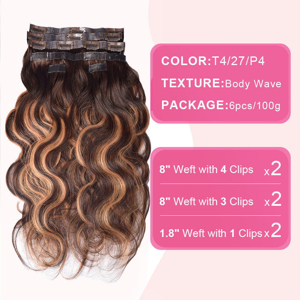 #P4/27/T4 6Pcs Free Shipping Body Wave Clip in Hair Extensions Real Human Hair PU Seamless Clip ins 120G CVOHAIR