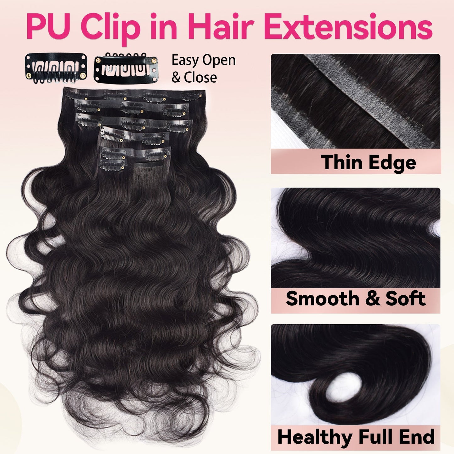 #1B 7Pcs Body Wave Free Shipping Small PU Seamless Clip ins Hair Extensions Real Human Hair 120G CVOHAIR