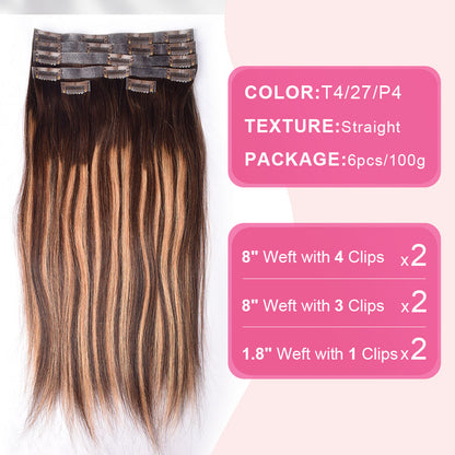 #P4/27/T4 6Pcs Free Shipping Straight Clip in Hair Extensions Real Human Hair PU Seamless Clip ins 120G CVOHAIR
