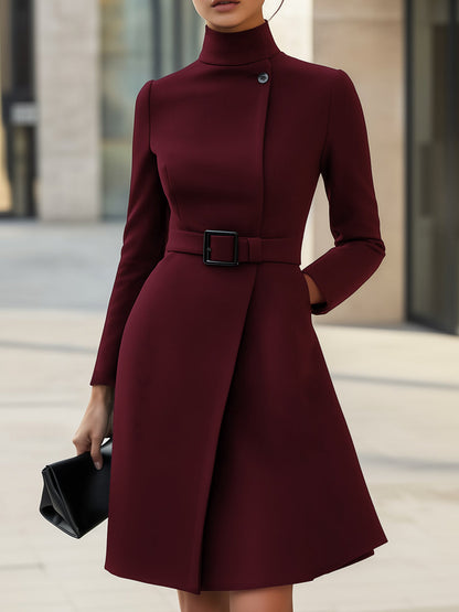 Black High-Neck Asymmetric Belted A-Line Dress
