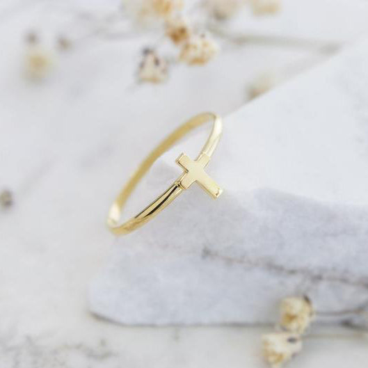 Gold Cross Ring with Tiny Band Christian Religious Jewelry