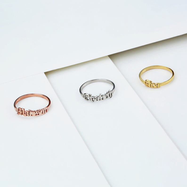 Old English Custom Name Ring Rose Gold Dainty Jewelry