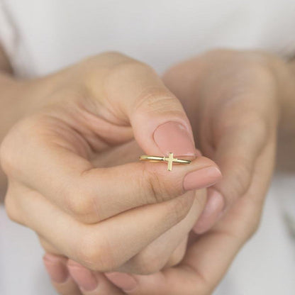 Gold Cross Ring with Tiny Band Christian Religious Jewelry