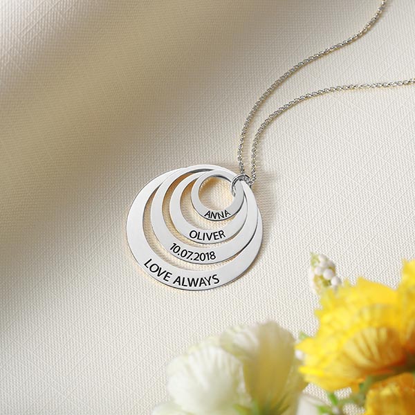 Sterling Silver Engraved Stacked Circles Necklace Family Gift