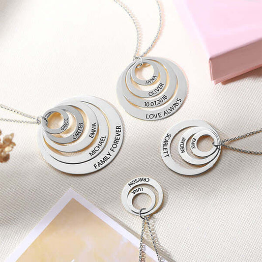 Sterling Silver Engraved Stacked Circles Necklace Family Gift