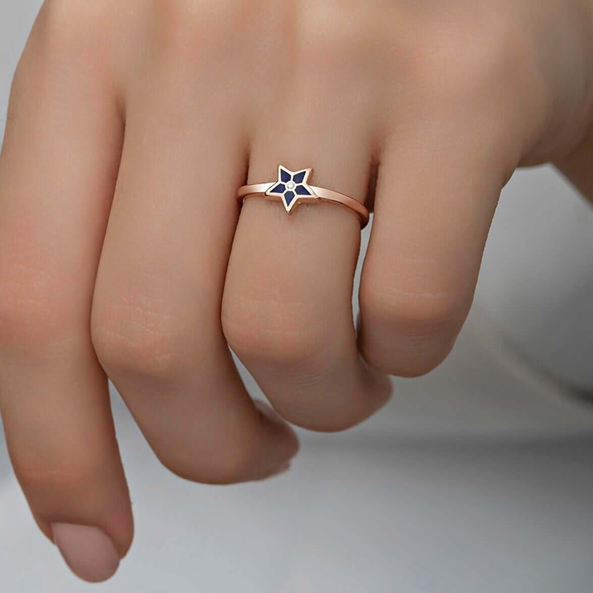 Blue Enamel Star-Shaped Women's Ring in Silver