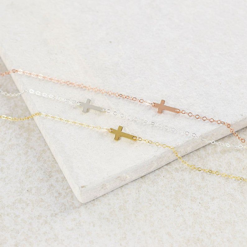 Tiny Sideways Cross Bracelet with Chain 925 Silver Jewelry