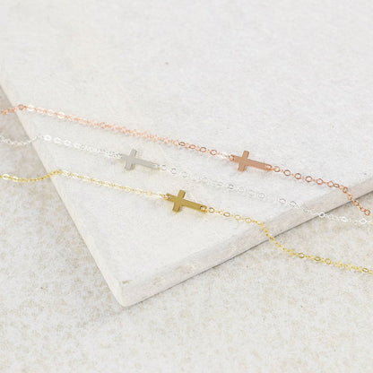 Tiny Sideways Cross Bracelet with Chain 925 Silver Jewelry