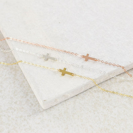 Tiny Sideways Cross Bracelet with Chain 925 Silver Jewelry