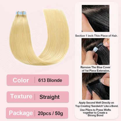 #613 Blonde Tape in Hair Extensions Free Shipping Human Hair 20pcs 50g/pack Seamless Skin Weft Hair CVOHAIR