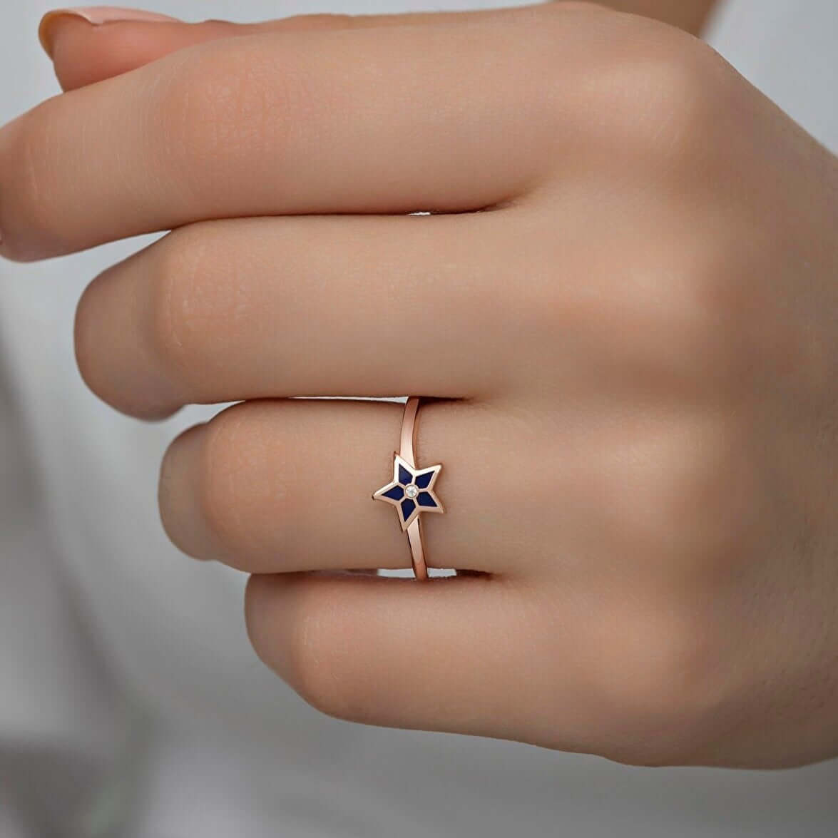 Blue Enamel Star-Shaped Women's Ring in Silver