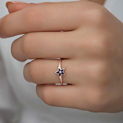Blue Enamel Star-Shaped Women's Ring in Silver