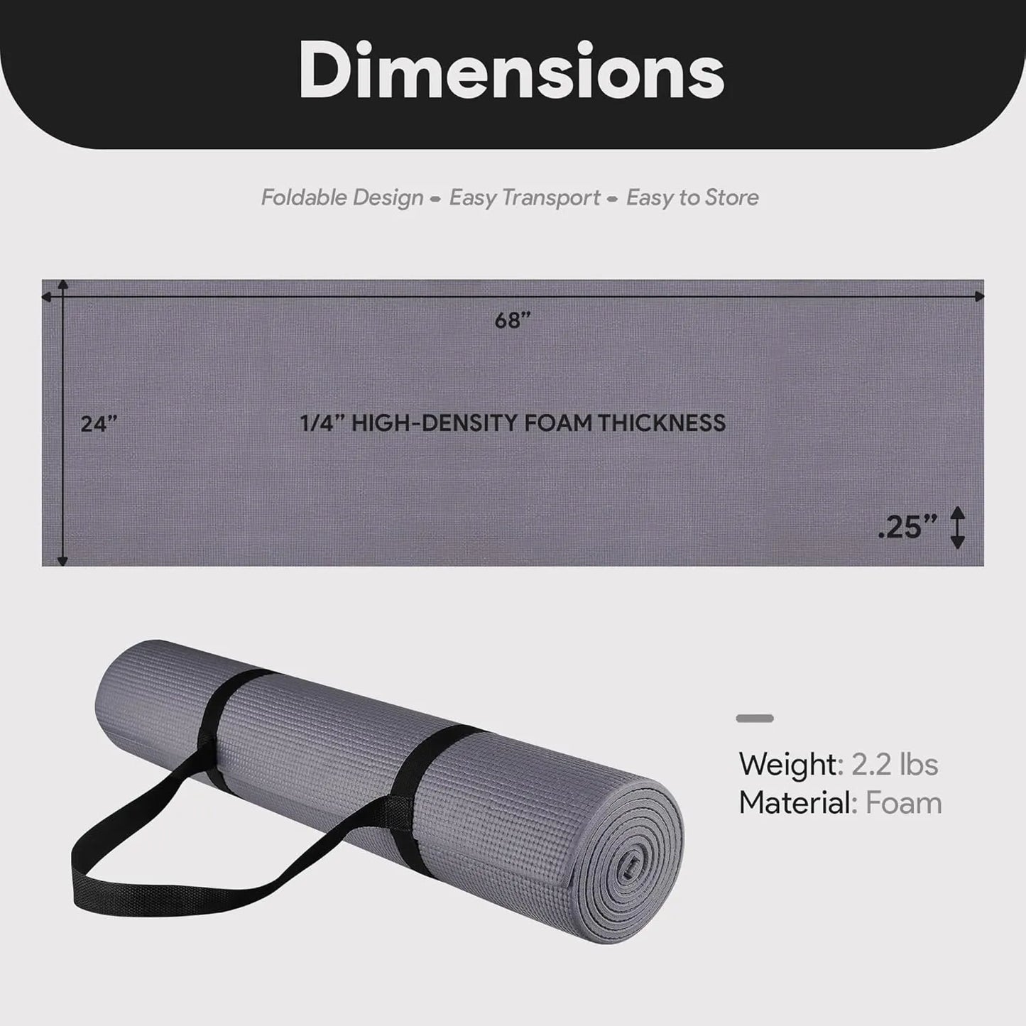 Fitvids All Purpose 1/4-Inch High Density Anti-Tear Exercise Yoga Mat with Carrying Strap, Multiple Colors