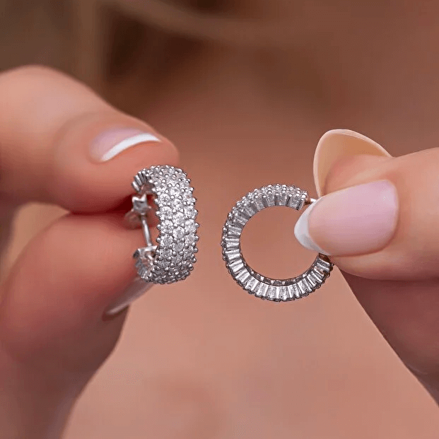 Silver Rose Gold-Plated 3 Rows Zirconia Round Stud Earrings