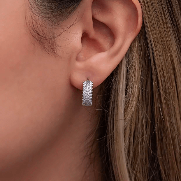 Silver Rose Gold-Plated 3 Rows Zirconia Round Stud Earrings