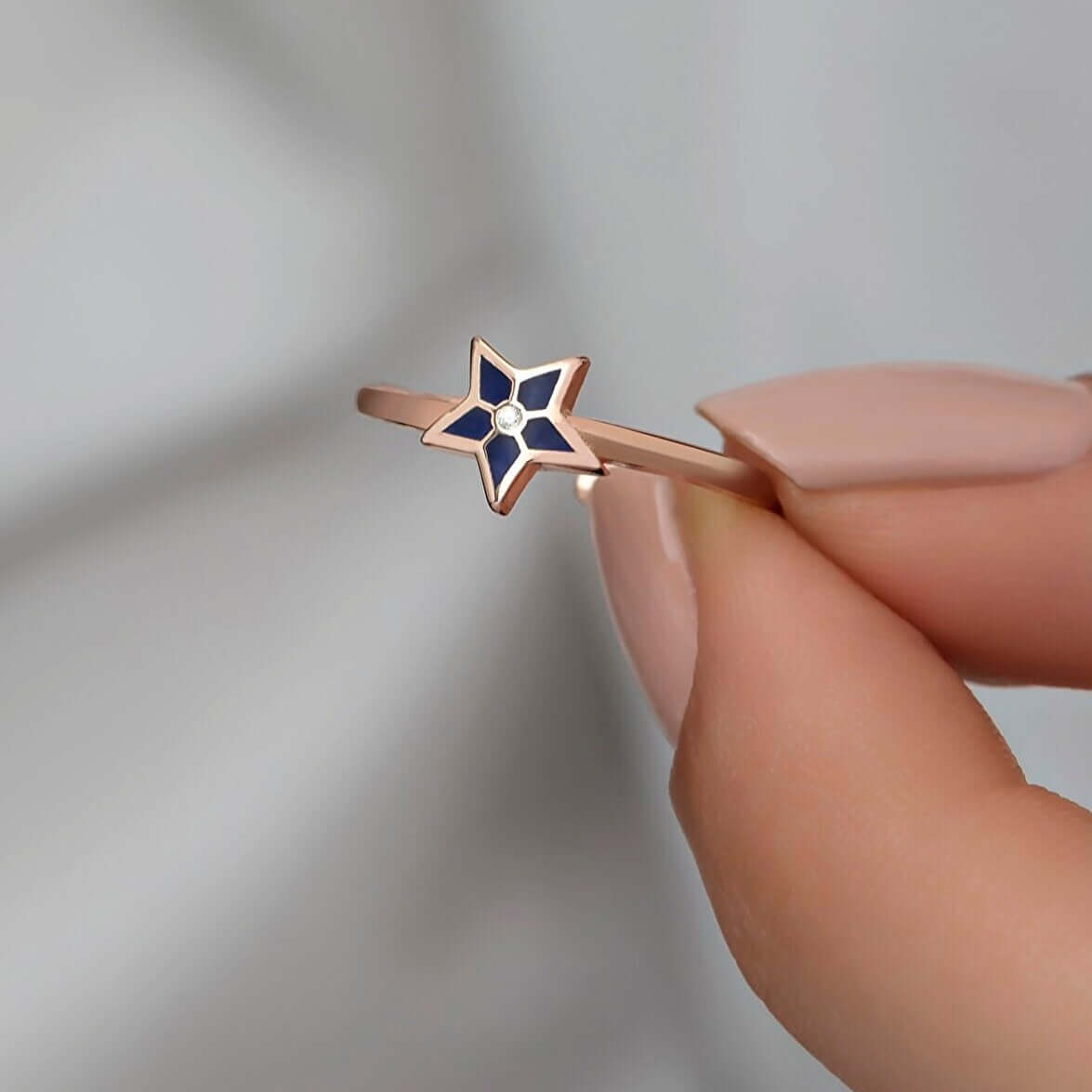 Blue Enamel Star-Shaped Women's Ring in Silver