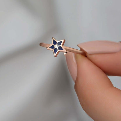 Blue Enamel Star-Shaped Women's Ring in Silver