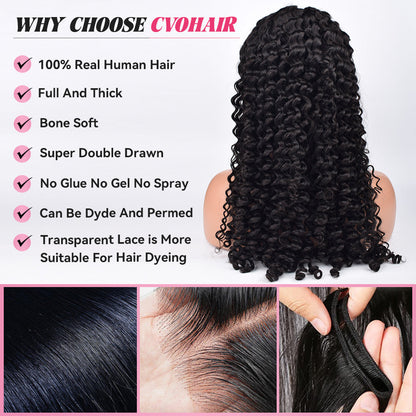 #1B Deep Wave Transparent Lace Frontal Wigs Human Hair 200% Density Pre Plucked With Baby Hair CVOHAIR