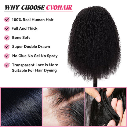 Kinky Curly Transparent Lace Frontal Wigs Human Hair 180% Density Pre Plucked With Baby Hair CVOHAIR