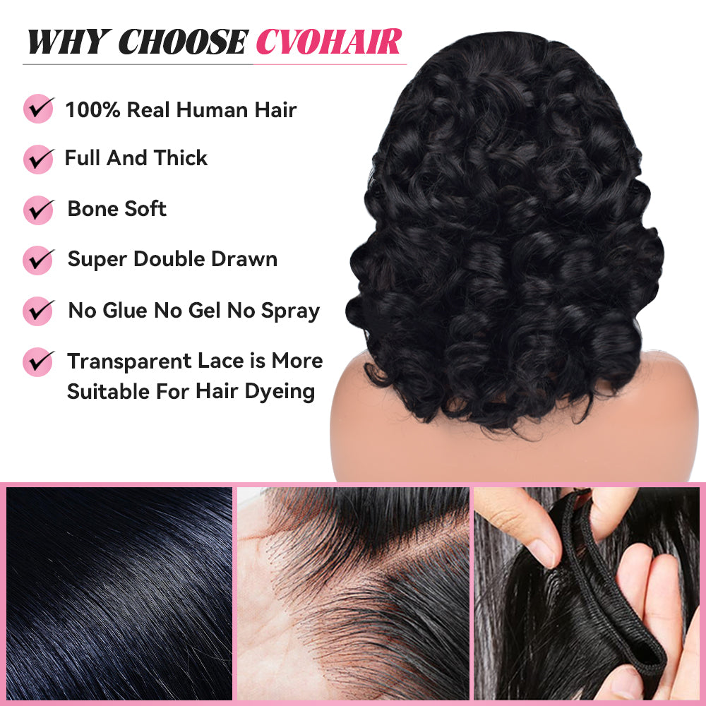 Bouncy Wave Transparent Lace Frontal Wigs Human Hair 180% Density Pre Plucked With Baby Hair CVOHAIR