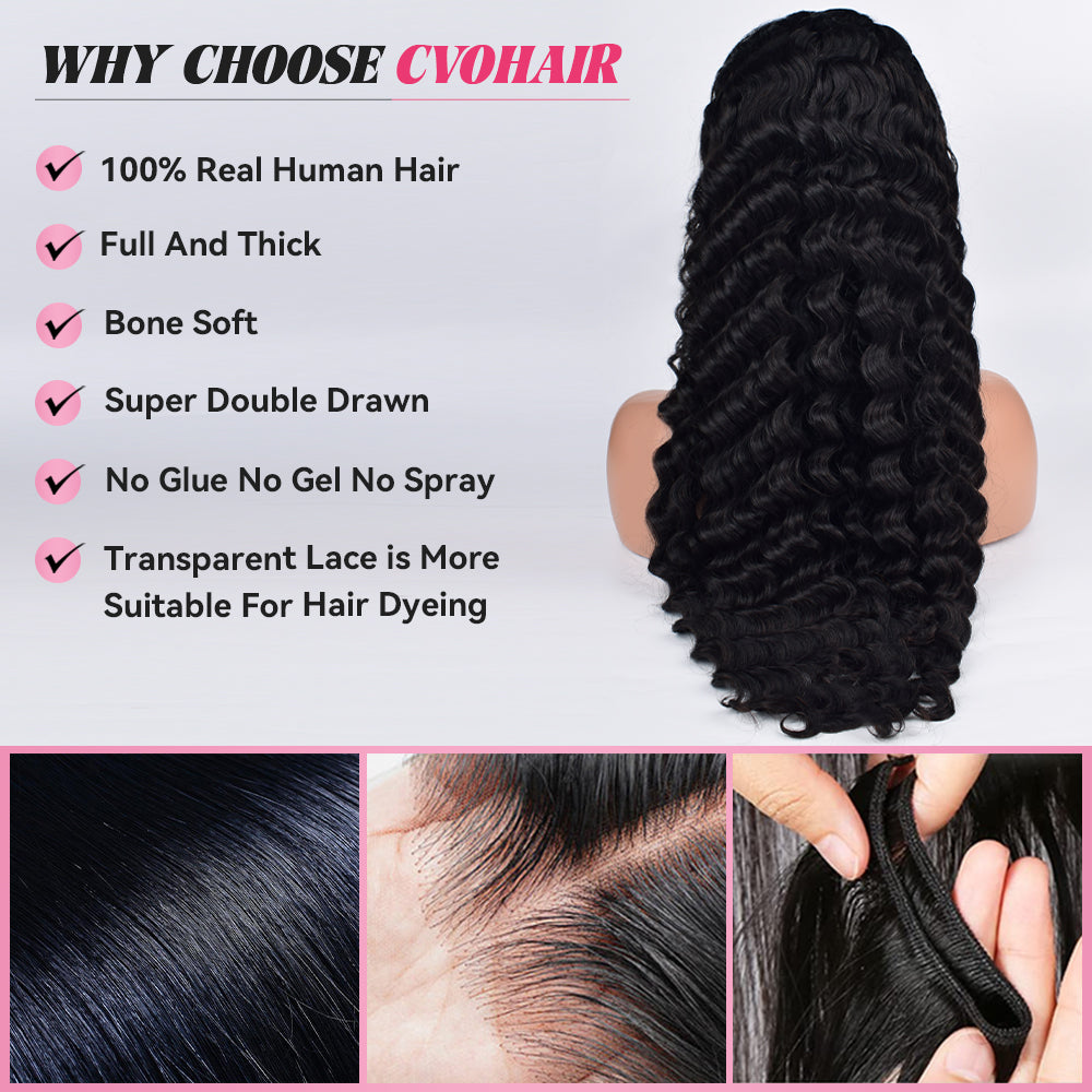 Loose Deep Wave Transparent Lace Frontal Wigs Human Hair 180% Density Pre Plucked With Baby Hair CVOHAIR