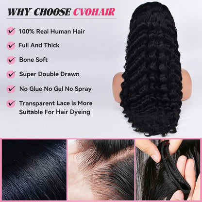 Loose Deep Wave Transparent Lace Frontal Wigs Human Hair 180% Density Pre Plucked With Baby Hair CVOHAIR