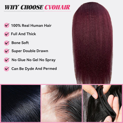 Pre Cut Lace 4*4 HD Lace Glueless #99J Kinky Straight Free Shipping Wigs 100% Human Hair CVOHAIR