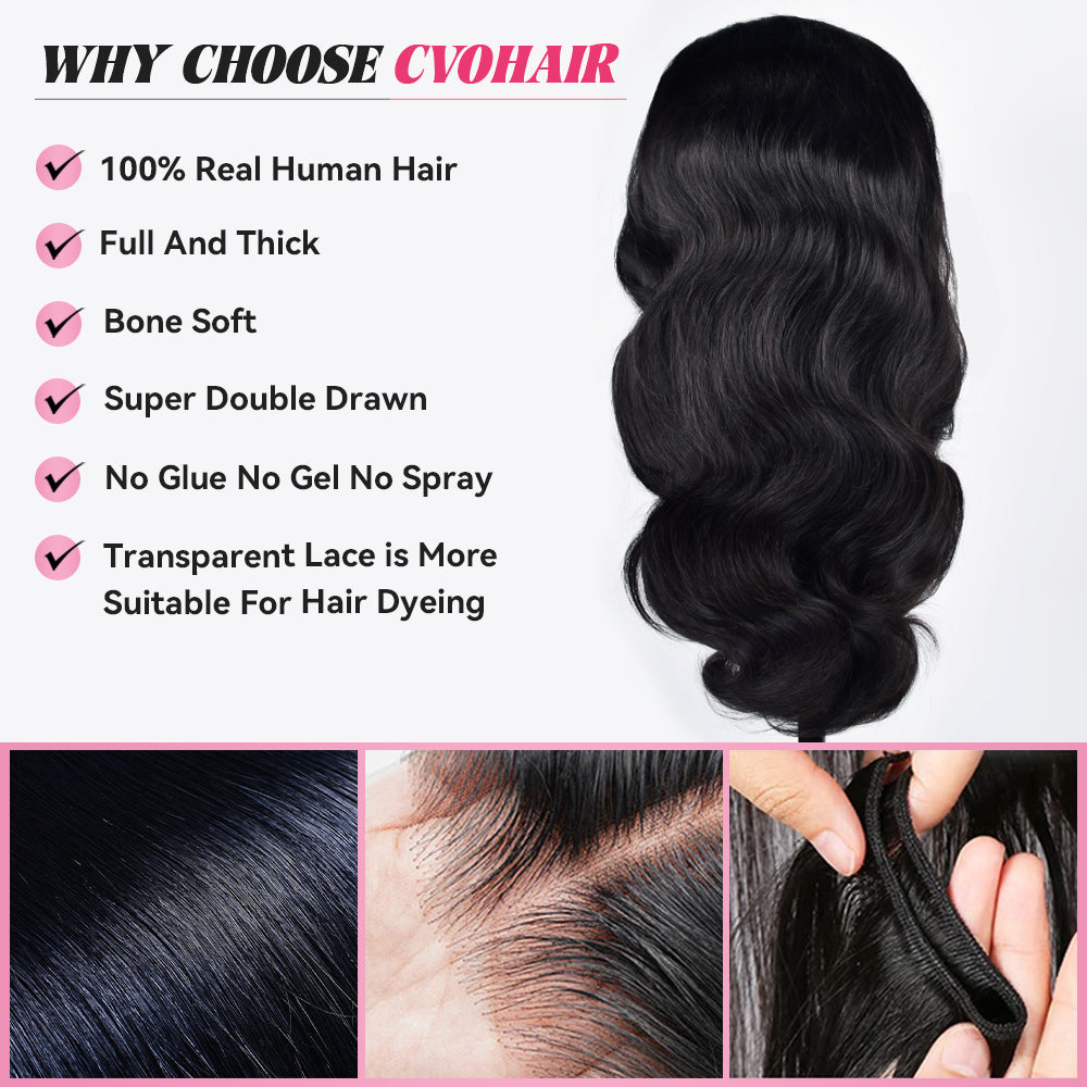 #1B Body Wave Transparent Lace Frontal Wigs Human Hair 180% Density Pre Plucked With Baby Hair CVOHAIR