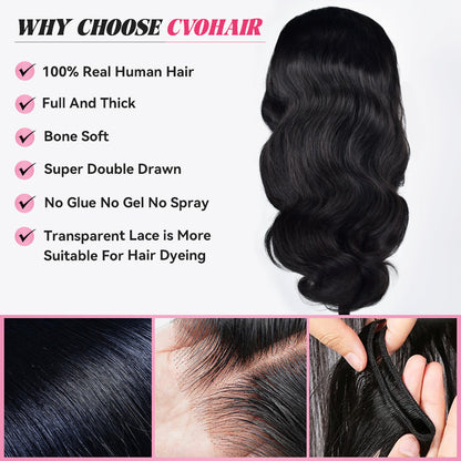 #1B Body Wave Transparent Lace Frontal Wigs Human Hair 180% Density Pre Plucked With Baby Hair CVOHAIR