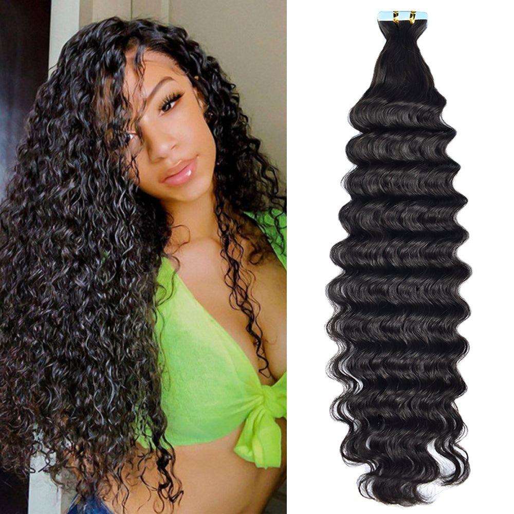 #1B Deep Wave Tape in Hair Extensions Free Shipping Human Hair 20pcs 50g/pack Seamless Skin Weft Hair CVOHAIR