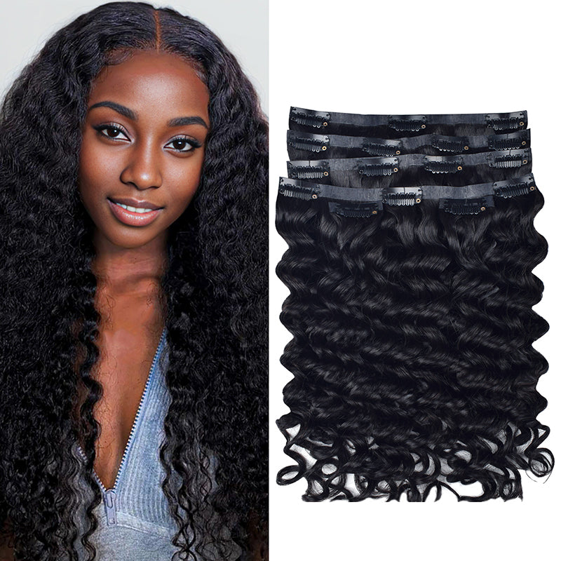 #1B 6Pcs Deep Wave Flash Sale Free Shipping PU Seamless Clip ins Hair Extensions Real Human Hair 120G CVOHAIR