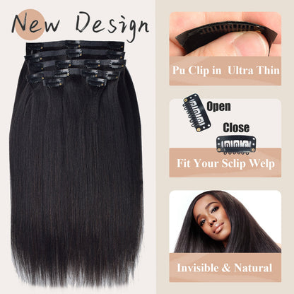 #1B 6Pcs Yaki Straight Free Shipping PU Seamless Clip ins Hair Extensions Real Human Hair 120G CVOHAIR