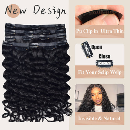 #1B 6Pcs Deep Wave Flash Sale Free Shipping PU Seamless Clip ins Hair Extensions Real Human Hair 120G CVOHAIR