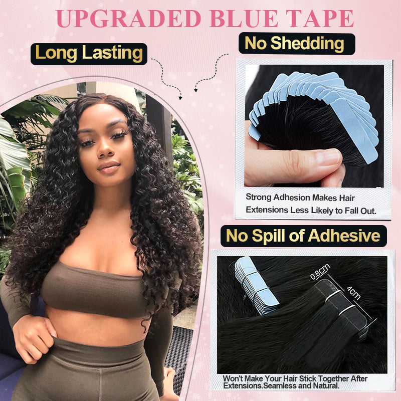 #1B Deep Curly Tape in Free Shipping Hair Extensions Human Hair 20pcs 50g/pack Seamless Skin Weft Hair CVOHAIR