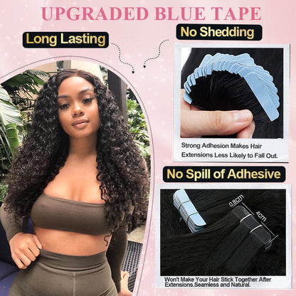 #1B Deep Curly Tape in Free Shipping Hair Extensions Human Hair 20pcs 50g/pack Seamless Skin Weft Hair CVOHAIR