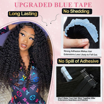 #1B Kinky Curly Tape in Hair Extensions Free Shipping Human Hair 20pcs 50g/pack Seamless Skin Weft Hair CVOHAIR