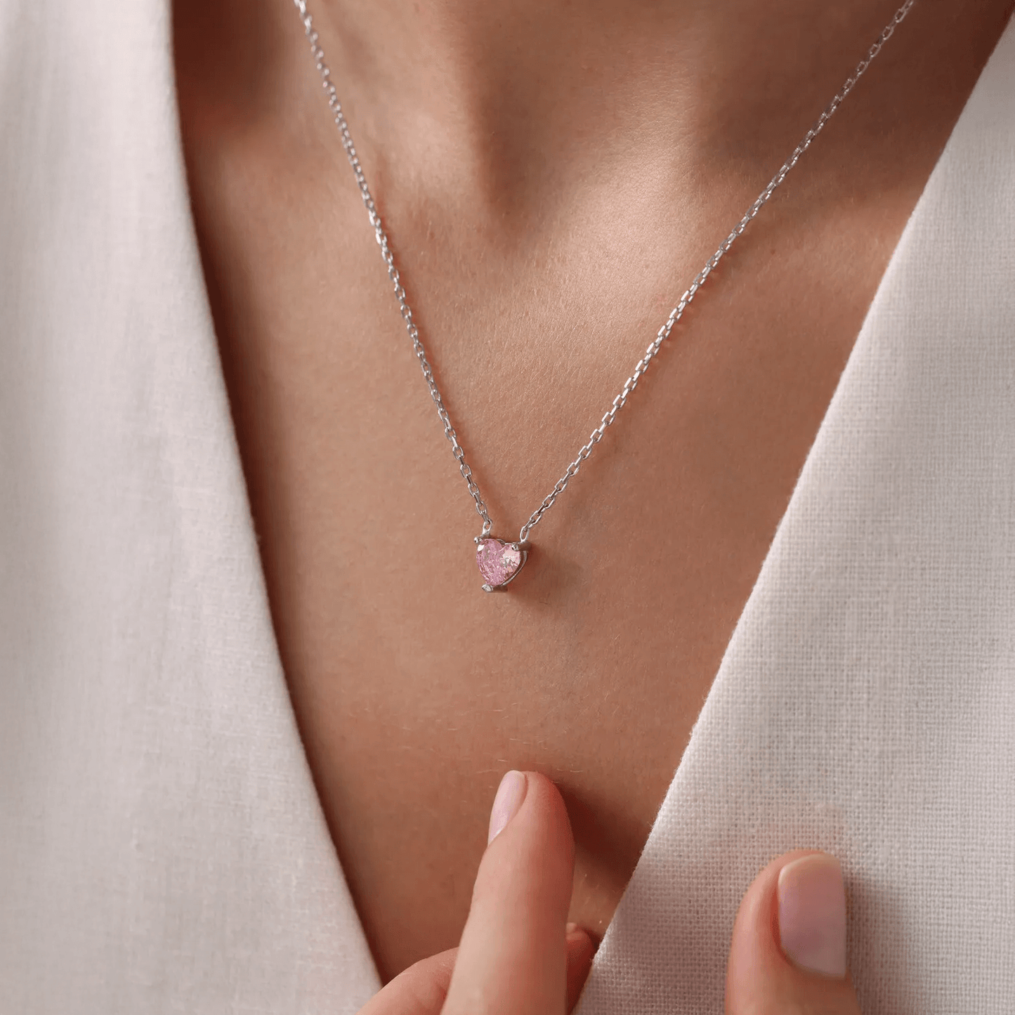 925 Sterling Silver Dainty Pink Stone Heart Necklace